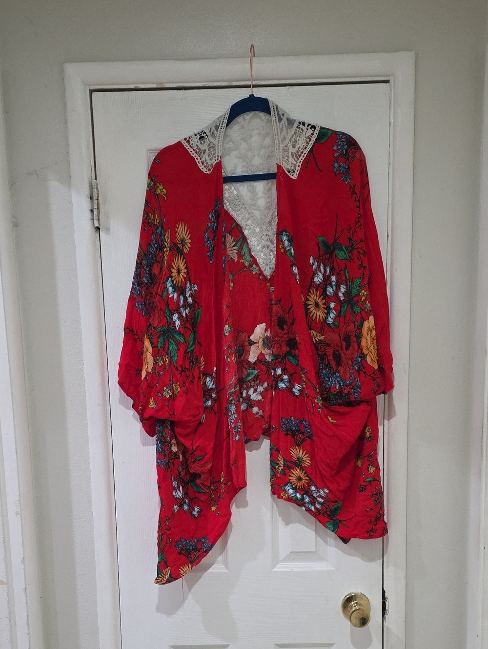 Liberty Love Red Floral Lace-Trim Open Kimono Shrug